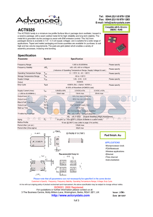 ACT9325 datasheet - miniature low profile Surface Mount package clock oscillator,