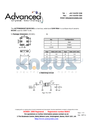 ACTF00038/947.50/DCC6C datasheet - low-loss, wide band SAW filter