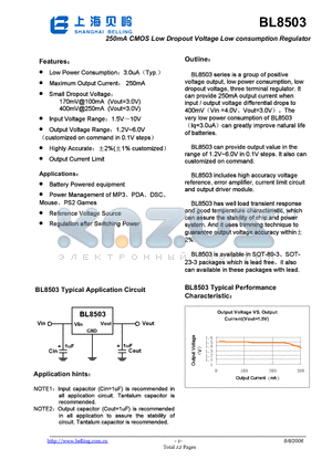 BL8503-35P1T datasheet - 250mA CMOS Low Dropout Voltage Low consumption Regulator