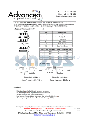 ACTF0327 datasheet - low-loss, compact, and economical surface-acoustic-wave (SAW) filter