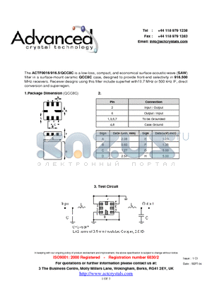 ACTF0016 datasheet - low-loss, compact, and economical surface-acoustic-wave (SAW)