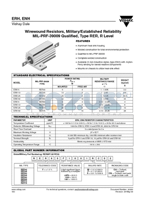 ERH datasheet - Wirewound Resistors, Military/Established Reliability MIL-PRF-39009 Qualified, Type RER, R Level