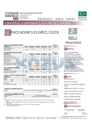 FPLD64TEG5-155.52M datasheet - SURFACE MOUNT 3.3V LVPECL CLOCK