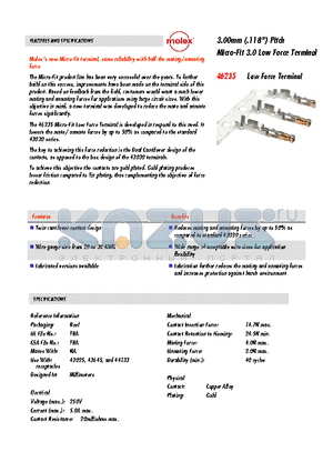 46235-0003 datasheet - Micro-Fit 3.0 Low Force Terminal