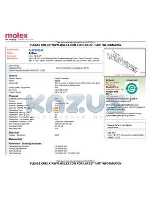 46235-5002 datasheet - Micro-Fit 3.0 High Mating Cycle, Reduced Mating Force, Crimp Terminal, Female, with .0.76um (30u