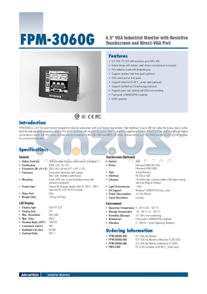 FPM-3060G datasheet - 6.5 VGA Industrial Monitor with Resistive Touchscreen and Direct-VGA Port