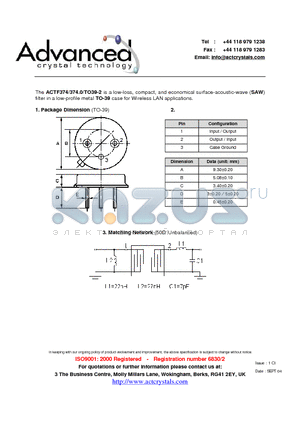ACTF374 datasheet - low-loss, compact, and economical surface-acoustic-wave (SAW) filter