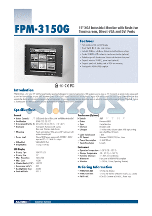 FPM-3150G datasheet - 15 XGA Industrial Monitor with Resistive Touchscreen, Direct-VGA and DVI Ports