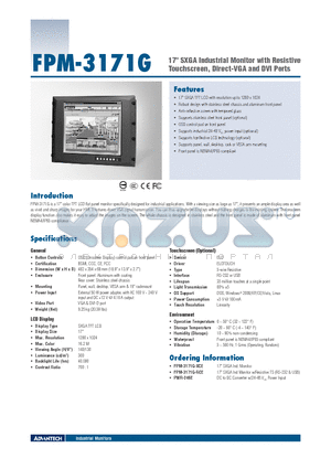 FPM-3171G datasheet - 17 SXGA Industrial Monitor with Resistive Touchscreen, Direct-VGA and DVI Ports