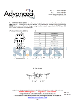 ACTF4003/433.92/QCC8C datasheet - low-loss, compact, and economical surface-acoustic-wave (SAW) filter