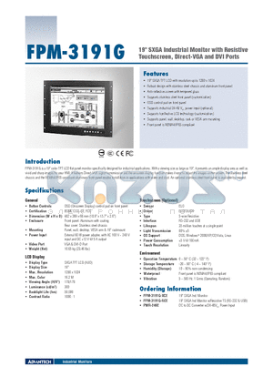 FPM-3191G-XCE datasheet - 19 SXGA Industrial Monitor with Resistive Touchscreen, Direct-VGA and DVI Ports