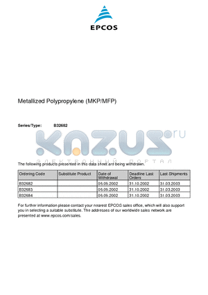 B32682-A1152-J289 datasheet - Metallized Polypropylene Film Capacitors (MFP) in Plastic Case