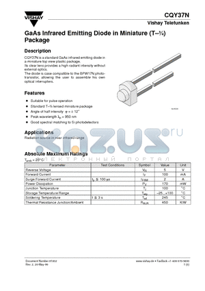 CQY37N datasheet - GaAs Infrared Emitting Diode in Miniature (T-3/4)Package