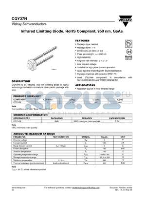 CQY37N datasheet - Infrared Emitting Diode, RoHS Compliant, 950 nm, GaAs