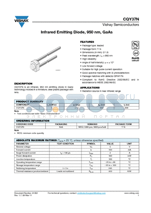 CQY37N_11 datasheet - Infrared Emitting Diode, 950 nm, GaAs