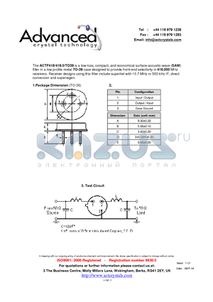 ACTF418/418.0/TO39 datasheet - low-loss, compact, and economical surface-acoustic-wave (SAW) filter