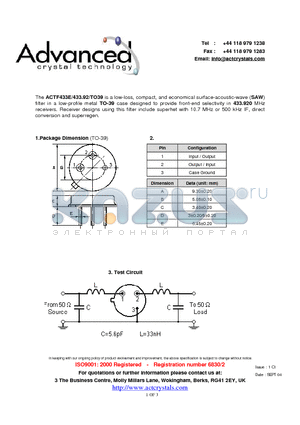 ACTF433E datasheet - low-loss, compact, and economical surface-acoustic-wave filter