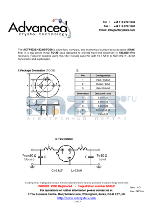 ACTF433E/433.92/TO39 datasheet - low-loss, compact, and economical surface-acoustic-wave filter