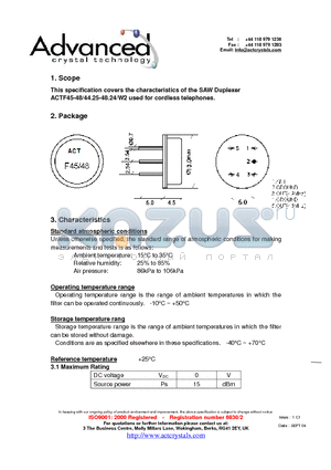 ACTF45-48/44.25-48.24/W2 datasheet - the characteristics of the SAW Duplexer