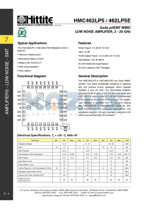 462LP5E datasheet - GaAs pHEMT MMIC LOW NOISE AMPLIFIER, 2 - 20 GHz
