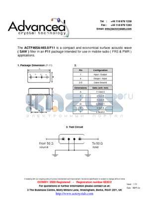 ACTF465A datasheet - compact and economical surface acoustic wave (SAW) filter