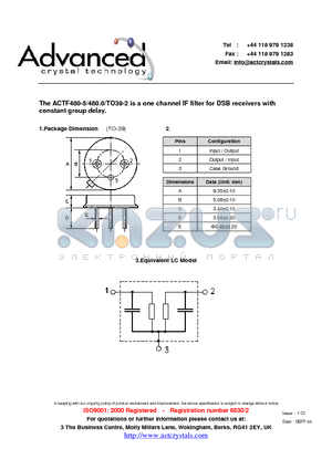 ACTF480-5 datasheet - one channel IF filter for DSB receivers with constant group delay