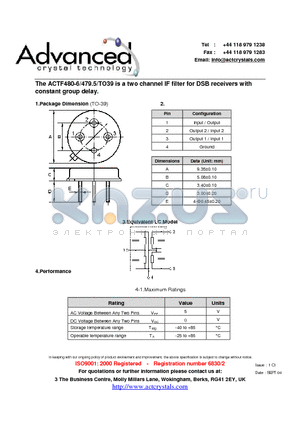 ACTF480-6 datasheet - two channel IF filter for DSB receivers with constant group delay