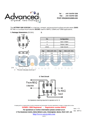 ACTF8011 datasheet - low-loss, compact, and economical surface-acoustic-wave (SAW) RF filter