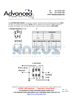 ACTF8014 datasheet - low-loss, compact, and economical surface-acoustic-wave (SAW) RF filter