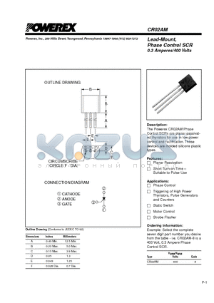 CR02AM datasheet - Lead-Mount, Phase Control SCR 0.3 Amperes/400 Volts