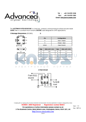 ACTF9015/1575.42/DCC6C datasheet - low-loss, compact, and economical surface-acoustic-wave (SAW) filter