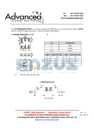 ACTF9022/900.0/DCC6 datasheet - low-loss, wide band SAW filter