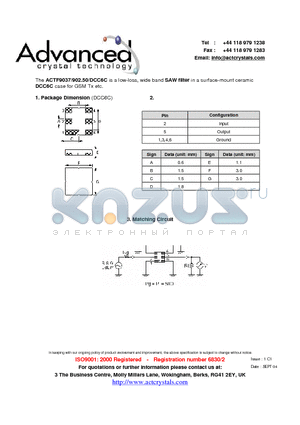 ACTF9037/902.50/DCC6C datasheet - low-loss, wide band SAW filter