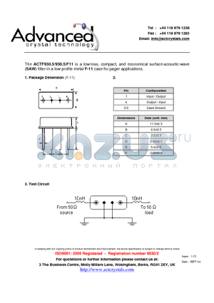 ACTF9305 datasheet - low-loss, compact, and economical surface-acoustic-wave (SAW) filter
