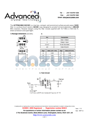 ACTF964/868.3/QCC8C datasheet - low-loss, compact, and economical surface-acoustic-wave (SAW) filter