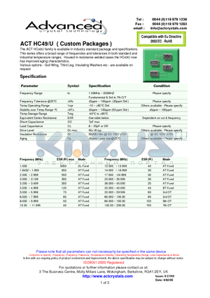 ACTHC49 datasheet - broad range of frequencies and tolerances in both standard and industrial temperature ranges.
