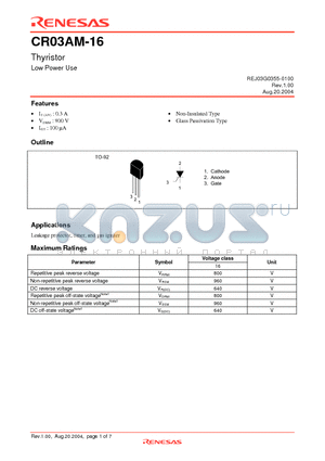 CR03AM-16 datasheet - Thyristor Low Power Use