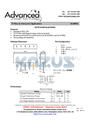 ACTK7044D/38.90/SIP5D datasheet - IF Filter for Intercarrier Applications