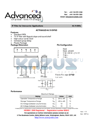 ACTK8032D/45.75/SIP5D datasheet - IF Filter for Intercarrier Applications