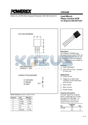 CR04AM datasheet - Lead-Mount, Phase Control SCR 0.4 Amperes/400-600 Volts