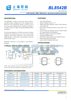 BL8542B datasheet - 0.85V startup, 1MHz, 300mA Iout, Synchronous Boost Converter