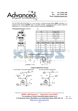 ACTR0016/916.5/QCC8C datasheet - true one-port, surface-acoustic-wave (SAW) resonator