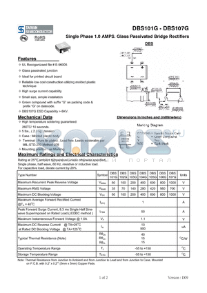 DBS101G datasheet - Single Phase 1.0 AMPS. Glass Passivated Bridge Rectifiers