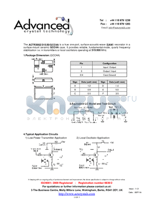 ACTR3002/315.50/QCC4A datasheet - true one-port, surface-acoustic-wave (SAW) resonator