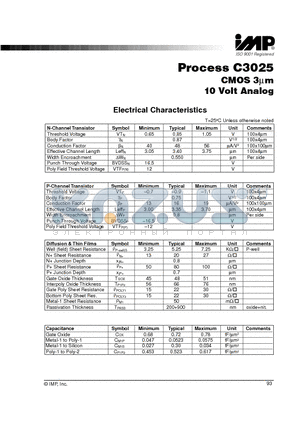 C3025 datasheet - Process C3025 CMOS 3Um 10 Volt Analog