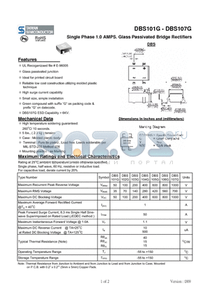 DBS102G datasheet - Single Phase 1.0 AMPS. Glass Passivated Bridge Rectifiers