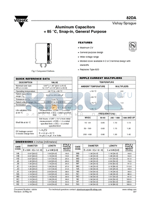 82DA102M200KE2D datasheet - Aluminum Capacitors  85 C, Snap-in, General Purpose