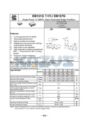DBS152G datasheet - Single Phase 1.5 AMPS. Glass Passivated Bridge Rectifiers