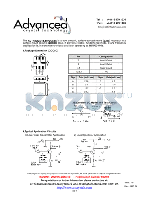 ACTR3012/315.50/QCC8C datasheet - true one-port, surface-acoustic-wave (SAW) resonator