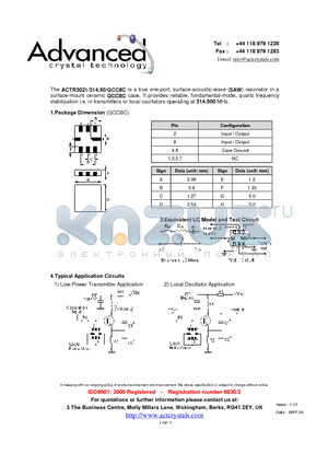 ACTR3021/314.50/QCC8C datasheet - true one-port, surface-acoustic-wave (SAW) resonator